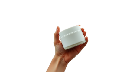 Minimalist cosmetic cream jar held in a female hand against a dramatic cloudy sky, perfect for skincare or beauty product presentation, isolated on a transparent background, png, cutout