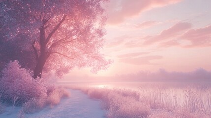 Tranquil sunset reflections over serene lake nature landscape pastel colors dreamlike atmosphere