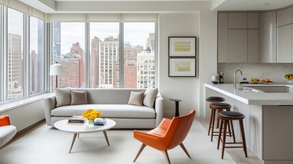 Fototapeta premium Modern city apartment living room with panoramic views.