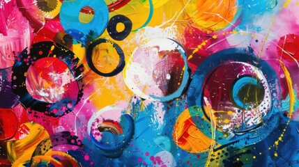 Abstract Painting with Overlapping Circles and Colorful Brushstrokes