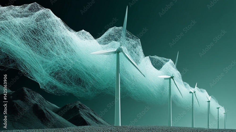 Poster an abstract visualization of wind turbines generating not just energy, but digital data streams flow