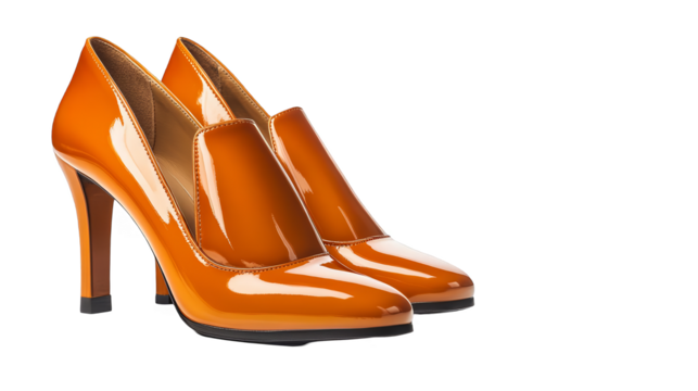 Pair Of Glossy Orange High Heels Isolated On Transparent Background Photo