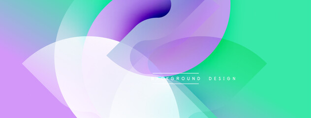 Abstract vibrant background. Overlapping translucent shapes create dynamic composition. Gradient colors blend purple, green, white hues. Modern design element.