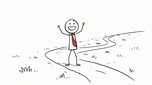 Joyful Stick Figure Celebrating Success on Winding Path