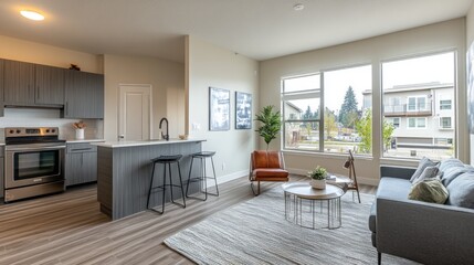 Modern open-concept apartment interior design.