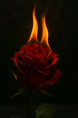 A close-up of a red rose engulfed in flames, with petals curling and edges glowing orange against a dark, dramatic background