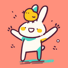 Cute and funny cartoon rabbit with chick on its head, expressing joy and playfulness