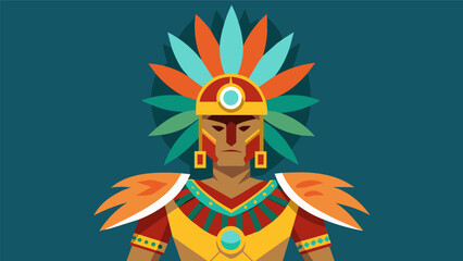 A colorful Aztec warrior costume featuring a feathered headdress chest plate and beaded accessories perfect for a historical battle reenactment.. Vector illustration