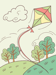 Cartoon Kite Flying in a Sunny Sky with Trees and a Cloud, Hand-Drawn Style, Colorful Illustration of a Summer Day