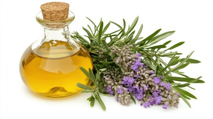 Infused Olive Oil with Fresh Herbs on White Background