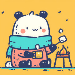 Cute panda roasting marshmallows by campfire, enjoying cozy moment outdoors