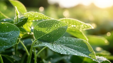 Morning dew on green leaves nature close-up sunlit environment serene viewpoint refreshing concept for nature lovers