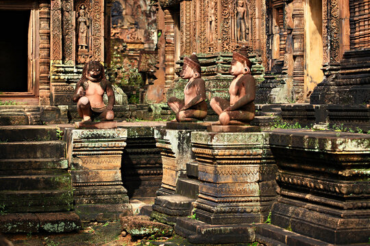 Karuda Bird Gardians Carvings at Banteay Srei Red Sandstone Temple, Cambodia