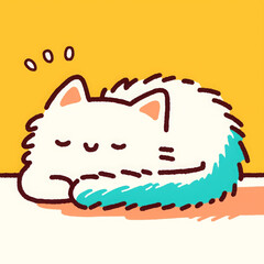Cute and funny cartoon illustration of sleeping white cat with blue tail