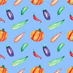 Pumpkins, hot peppers, zucchini, cucumbers, carrots and eggplants. Seamless pattern on a blue background. Suitable for textiles, scrapbooking, wrapping paper, cards and invitations, holiday