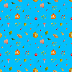 Seamless pattern with autumn leaves, mushrooms, apples and pumpkins. Watercolor delicate print on blue background, colorful illustration