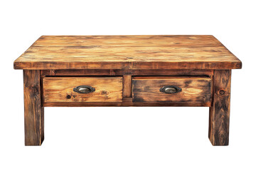 Rustic reclaimed wood coffee table with two drawers dark metal handles rich brown tones on transparent background