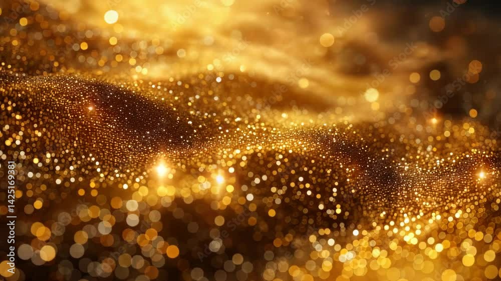 Wall mural glowing golden dust particles move in waves, creating a magical and luxurious sparkling background p