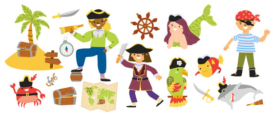 Colorful pirate adventure with treasure map, mermaid, and sea creatures.