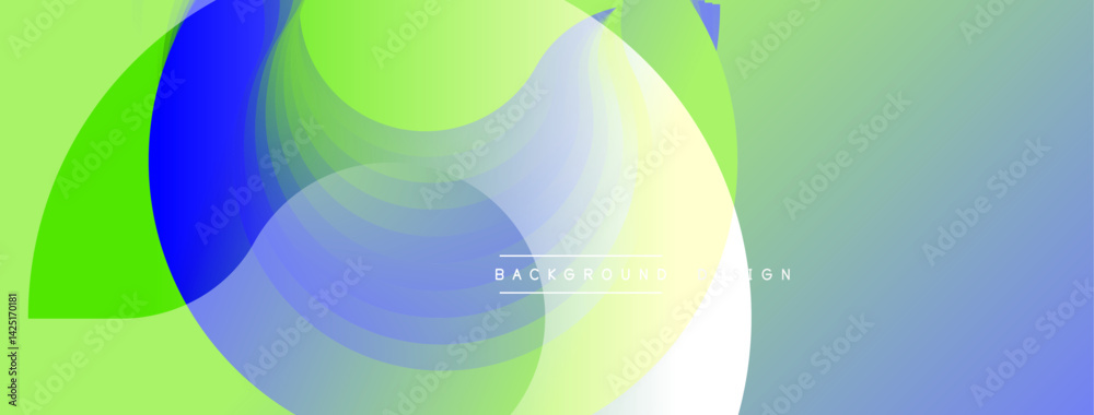 Poster Abstract background features overlapping translucent circles. Colors transition from vibrant green to blue, then yellow, creating dynamic visual effect. Minimalist design suitable for digital projects
