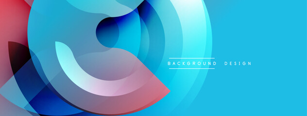 Abstract design features overlapping translucent circles. Blue dominates, accented by red, purple hues. Modern aesthetic, smooth gradients create dynamic visual flow. Background suggests technology, i