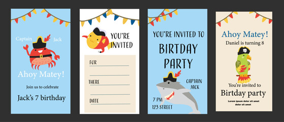 Pirate-themed birthday invitations for kids with fun characters.