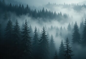 Fototapeta premium Mist shrouded evergreen forest at dawn reveals serene nature's beauty