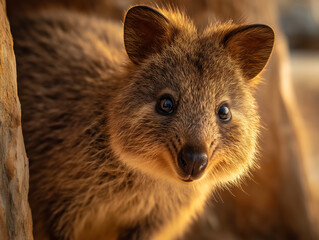 Naklejka premium Curious Quokka in Golden Light – 황금빛 햇살 아래 호기심 많은 쿼카