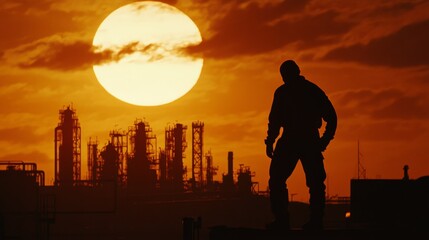 Fototapeta premium Sunset silhouette of a worker overlooking industrial landscape urban setting photography dramatic atmosphere