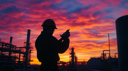 Fototapeta premium Industrial worker checking equipment at dusk oil refinery silhouette photography dramatic sky close-up view safety concept