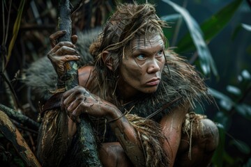 Prehistoric Era: primitive cave-dweller, early human, ancient hominid, Stone Age Neanderthal, proto-human, archaic troglodyte, primal hominin, primordial figure, premodern ancestor, BC period .