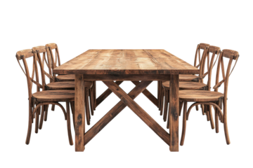 Rustic farmhouse dining table with eight matching chairs rich brown wood tones against a black on transparent background