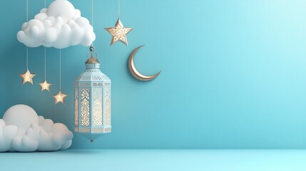 Festive Ramadan scene with lantern, stars, moon, and clouds against a light blue background.