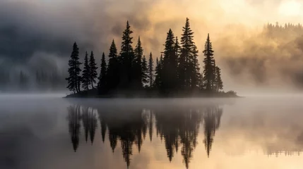 A foggy morning on a serene lake, with the silhouette of trees reflected in the water.