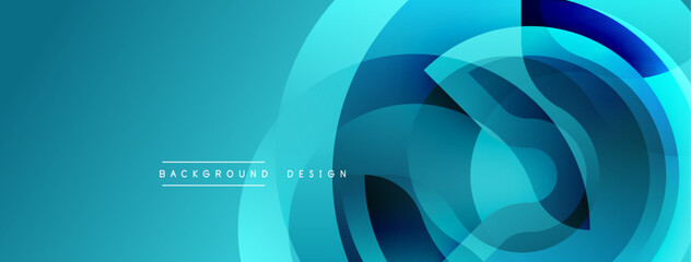 Abstract background features overlapping circular layers. Shades range from deep teal to bright turquoise. Minimalist design includes text background design. Modern aesthetic, clean lines, vibrant col