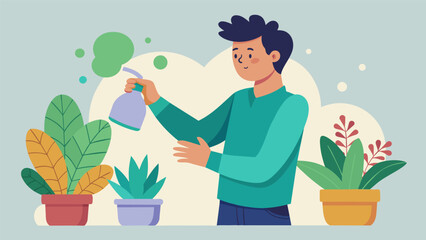 A man carefully misting the leaves of his succulents with a spray bottle his expression serene and focused..