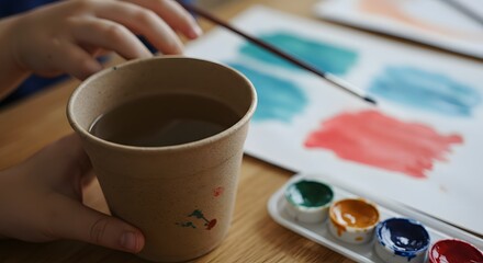 Artistic Creation: Child's Watercolor Painting Session with Paintbrush, Vibrant Palette and Water Cup – Expressing Creativity, Learning and Fine Motor Skills in a Colorful Art Project