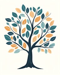 Obraz premium A beautifully illustrated tree featuring vibrant leaves in shades of green and orange, symbolizing growth and nature's beauty.