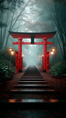 Naklejka premium 朱塗りの鳥居と階段