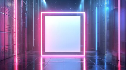 Neon Glowing Square Portal in Futuristic Cyberpunk Corridor