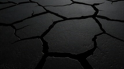 Dark, cracked surface resembling dry earth or fractured stone. Dramatic, textured, and monochromatic