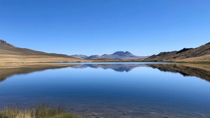 A pristine lake reflecting a cloudless sky, with distant mountains in the background.