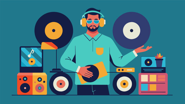 A DJ shows off his impressive vinyl collection spanning various genres as he curates a unique and dynamic playlist for the silent disco. Vector illustration