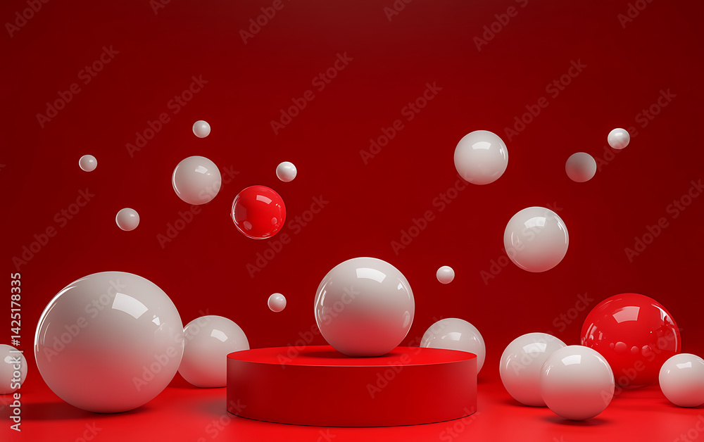 Poster abstract composition of red and white spheres arranged dynamically against a solid red background