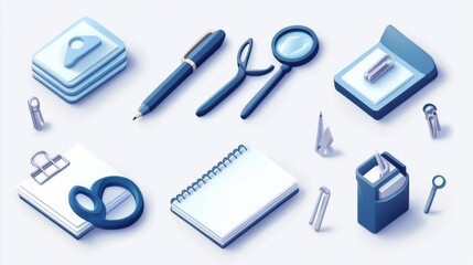 Isometric Illustration of Blue Office Supplies on White Background