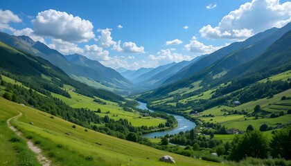 Obraz premium Scenic Valley with River Flowing Through Green Hills Under Blue Sky