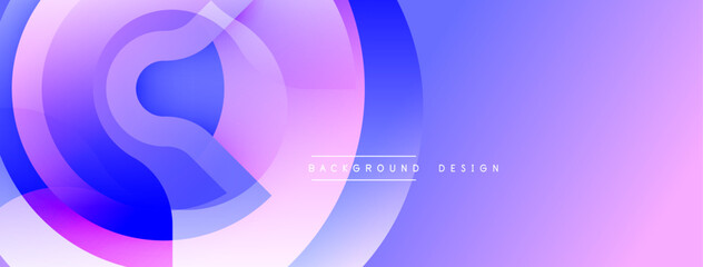 Abstract background features overlapping circles, gradients from purple to blue. Modern design with soft color transitions creates dynamic visual effect. Minimalist aesthetic.