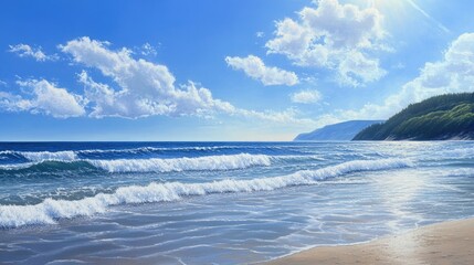 Fototapeta premium A quiet ocean bay with soft waves lapping against the shore, under a bright blue sky.