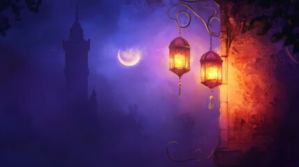Two glowing lanterns hang on a wall at night, a crescent moon and distant tower visible in the hazy background.