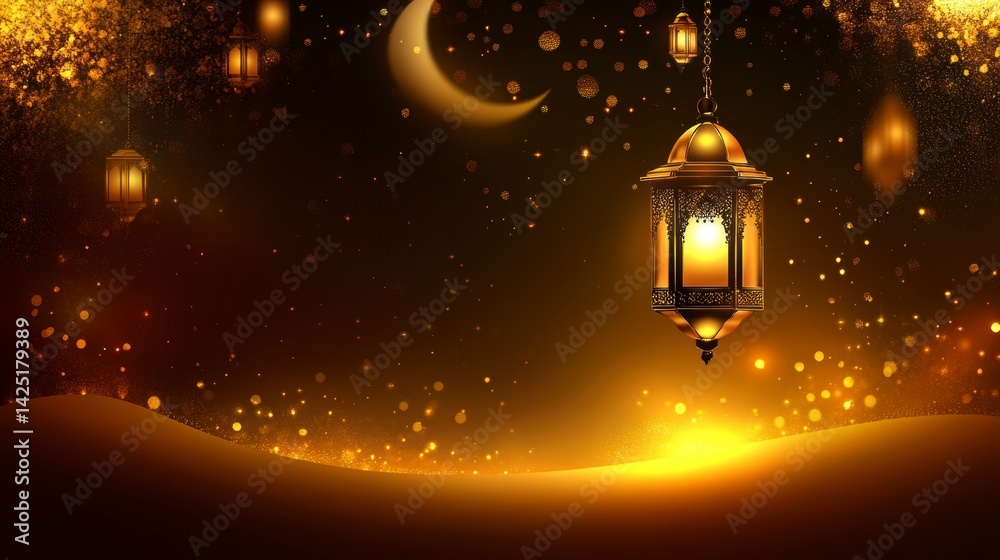 Poster glowing lantern hangs in night sky with crescent moon and sparkling lights.